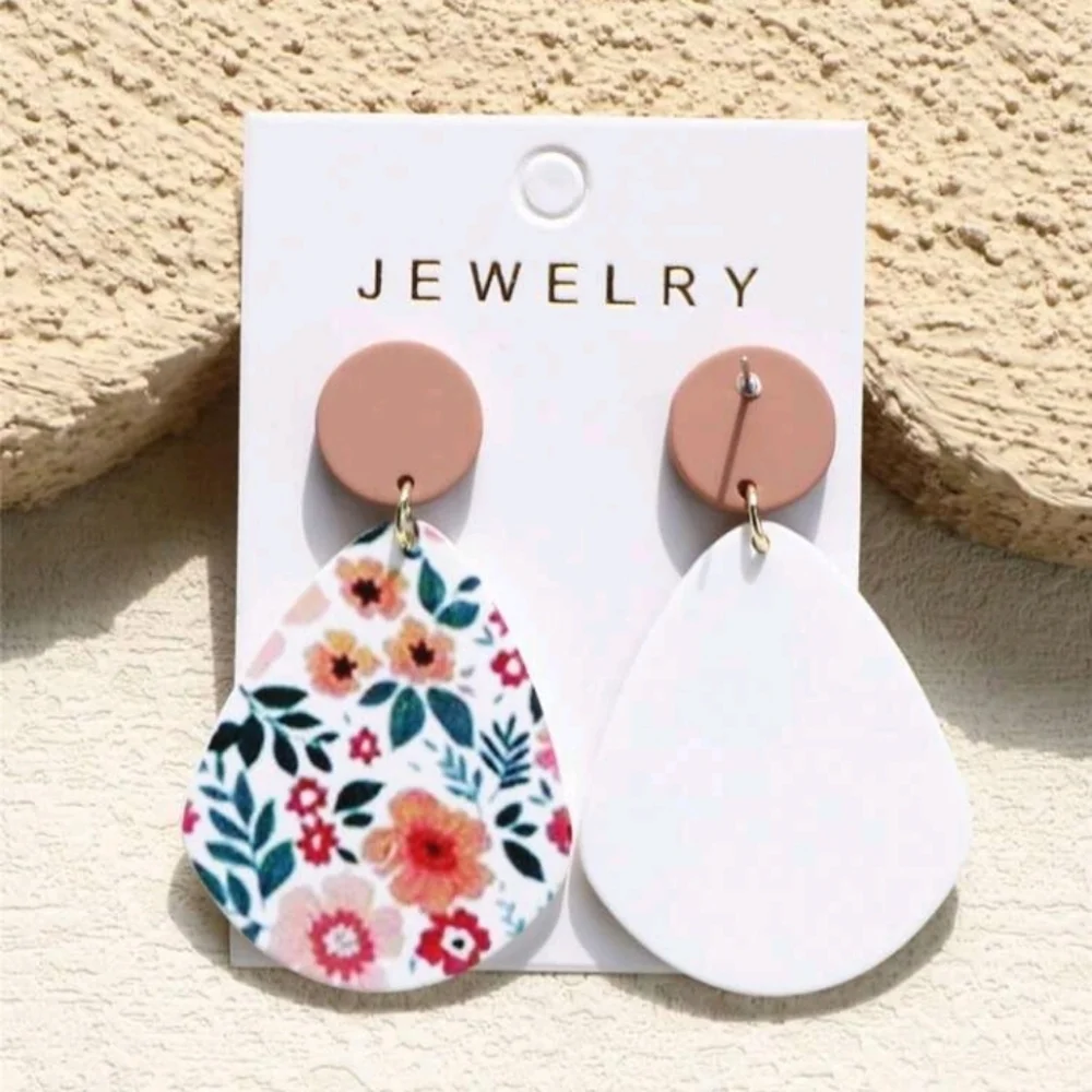 New Floral Teardrop Dangle Earrings Pink Dark Green Leaf Summer Cottagecore